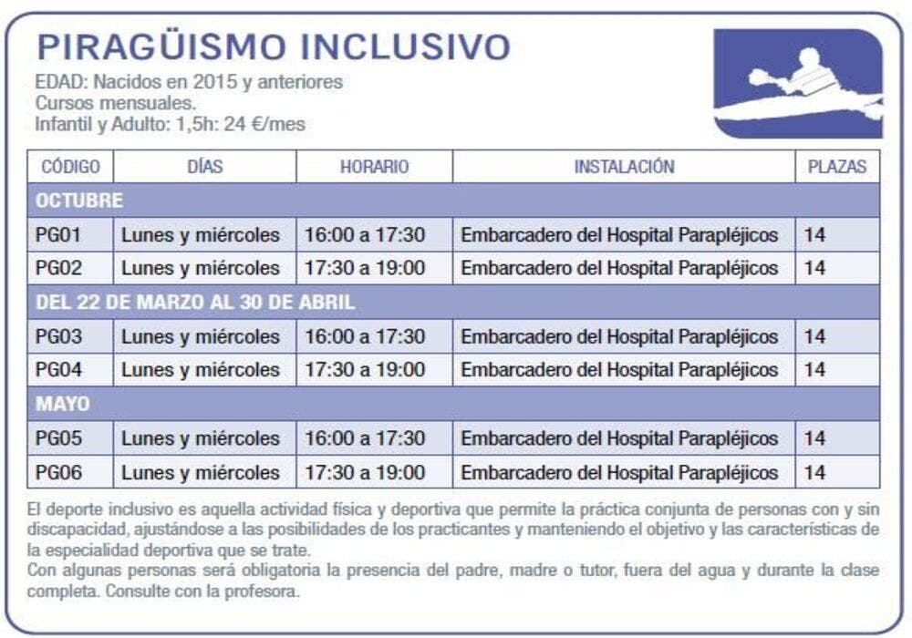 pp y vox - Toledo. Cartel del folleto 2022-2023 del Patronato Deportivo Municipal mostrando el piragüismo inclusivo.