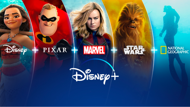 Logo de Disney+ rodeado de personajes emblemáticos