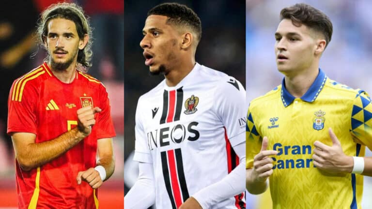 Montaje de Jean-Clair Todibo, Yarek Gasirowski y Mika Mármol, candidatos de Deco para reforzar la defensa del FC Barcelona