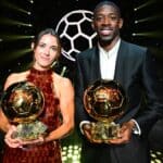 Aitana Bonmatí y Ousmane Dembelé posando con el trofeo The Best de la FIFA 2025 en Doha