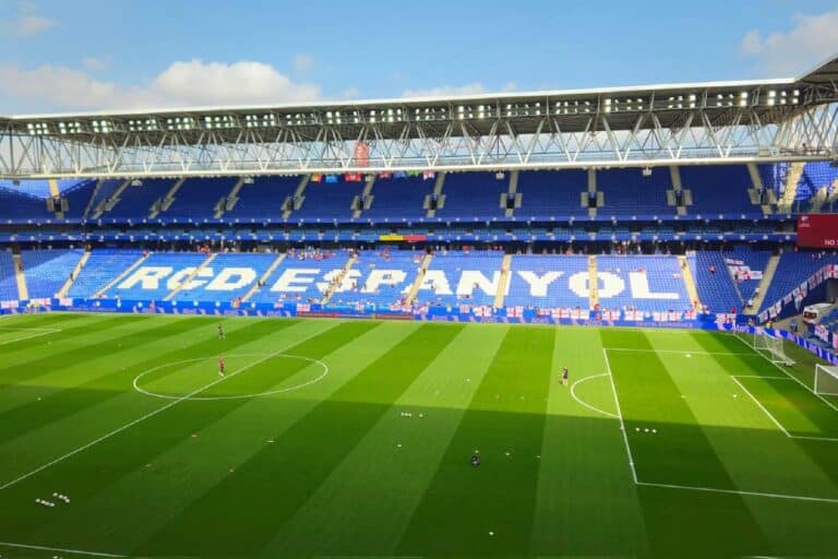 Vista del RCDE Stadium con las redes de protección instaladas en los fondos para el derbi contra el FC Barcelona.
