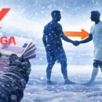 Composición visual de LaLiga bajo la nieve con manos sosteniendo billetes de euro y siluetas de futbolistas dándose la mano en un traspaso.