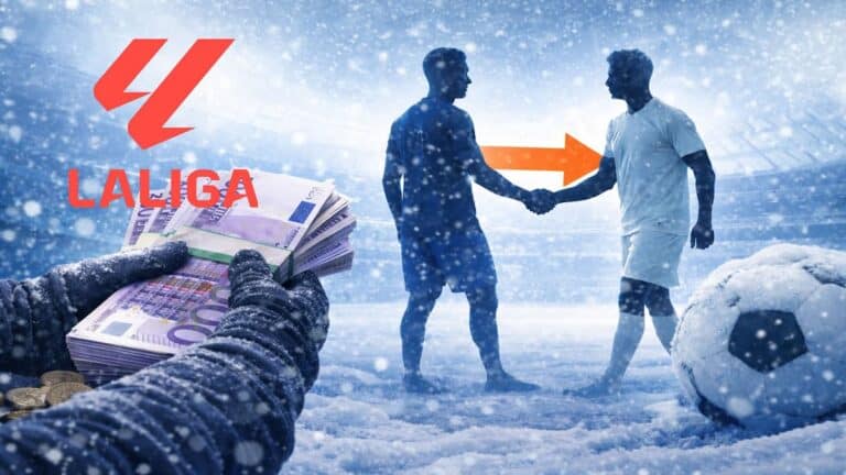 Composición visual de LaLiga bajo la nieve con manos sosteniendo billetes de euro y siluetas de futbolistas dándose la mano en un traspaso.
