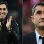 Ernesto Valverde en el banquillo de San Mamés junto a una imagen de Andoni Iraola, simbolizando el relevo técnico en el Athletic Club.