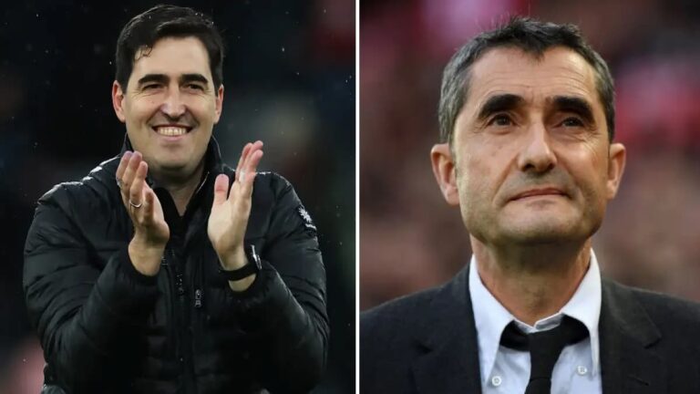 Ernesto Valverde en el banquillo de San Mamés junto a una imagen de Andoni Iraola, simbolizando el relevo técnico en el Athletic Club.