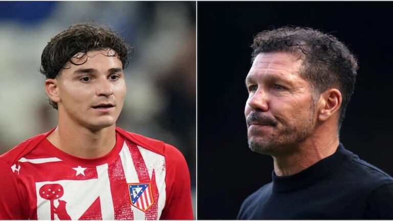 Julián Álvarez con gesto de frustración durante el derbi ante el Real Madrid en la Supercopa de España