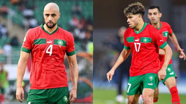 Sofyan Amrabat y Ez Abde durante su participación con la selección marroquí antes de regresar al Real Betis.