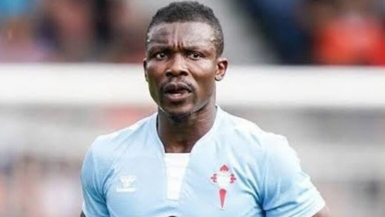 Joseph Aidoo celebrando su gran partido con el RC Celta ante el Valencia en Balaídos