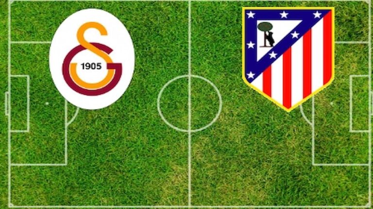 Gráfico del campo de fútbol con los escudos de Galatasaray y Atlético de Madrid para la previa de Champions.