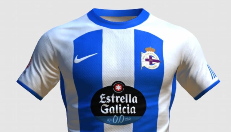 Maqueta de la nueva camiseta Nike del Deportivo de La Coruña con franjas blanquiazules y patrocinio de Estrella Galicia.