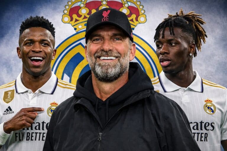 Montaje de Jürgen Klopp con el escudo del Real Madrid, junto a las imágenes de Nico Williams y Vinícius Jr.