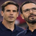 Iñigo Pérez y José Bordalás dando instrucciones en la banda durante un derbi madrileño entre Rayo Vallecano y Getafe