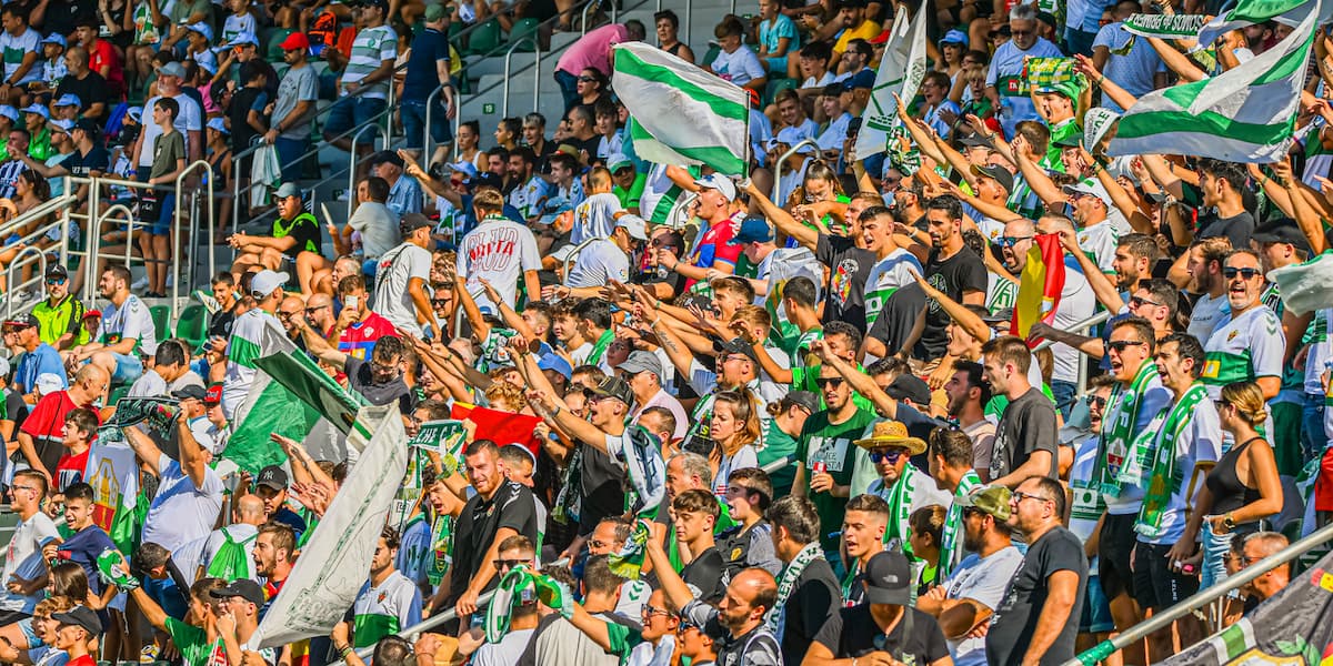 Aficionados del Elche CF celebran un gol en el estadio Martínez Valero