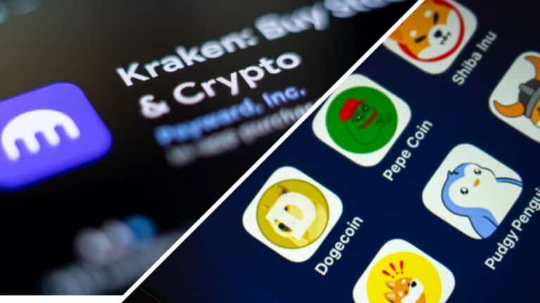 nterfaz de Kraken con logotipos de memecoins como Dogecoin, Pepe Coin y Shiba Inu junto al escudo del Atlético de Madrid.
