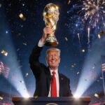Donald Trump sonriendo y alzando el trofeo dorado de la Copa del Mundo 2026 en un podio, rodeado de banderas de Estados Unidos y confeti.