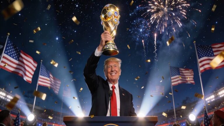 Donald Trump sonriendo y alzando el trofeo dorado de la Copa del Mundo 2026 en un podio, rodeado de banderas de Estados Unidos y confeti.