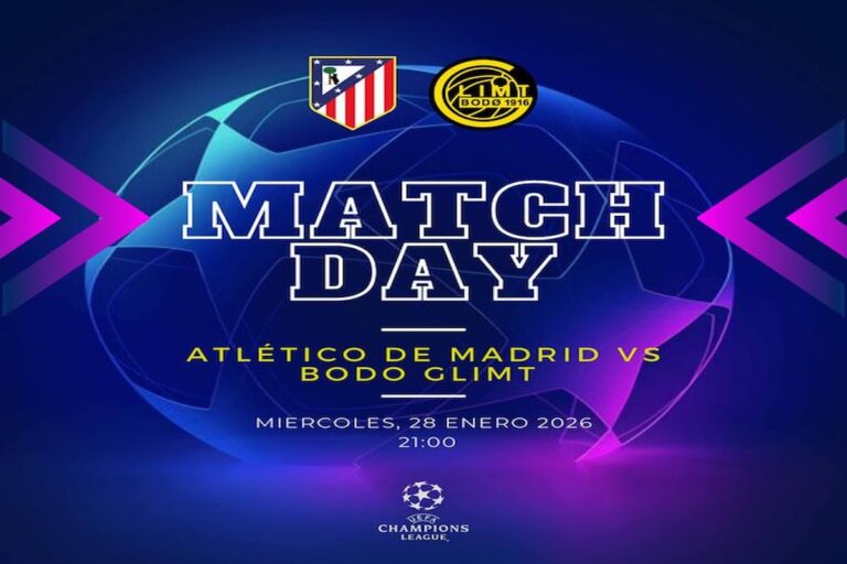 Cartel oficial de Match Day de la UEFA Champions League para el partido Atlético de Madrid vs Bodø/Glimt del 28 de enero de 2026.