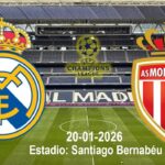 Cartel promocional del partido de Champions League entre Real Madrid y AS Mónaco en el Estadio Santiago Bernabéu el 20 de enero de 2026.