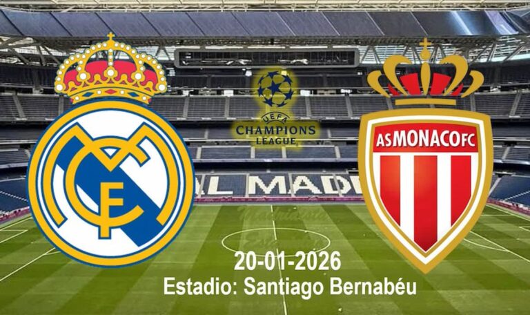Cartel promocional del partido de Champions League entre Real Madrid y AS Mónaco en el Estadio Santiago Bernabéu el 20 de enero de 2026.