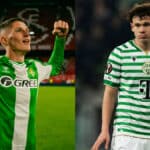 Sergi Altimira durante un partido con el Real Betis junto a una imagen de Alex Tóth con el Ferencváros