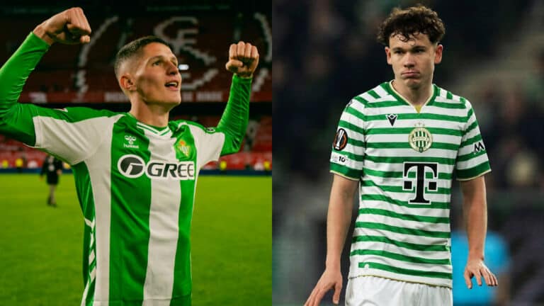 Sergi Altimira durante un partido con el Real Betis junto a una imagen de Alex Tóth con el Ferencváros