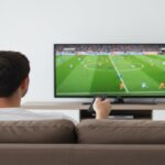 Hombre viendo un partido de fútbol en una televisión moderna en el salón de su casa mientras usa el mando a distancia.