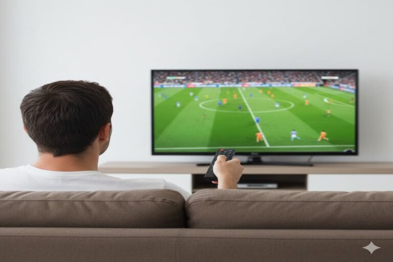 Hombre viendo un partido de fútbol en una televisión moderna en el salón de su casa mientras usa el mando a distancia.