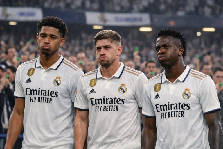 Vinícius Jr. con gesto de frustración mientras escucha los pitos de la grada del Santiago Bernabéu.