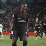 Akor Adams celebra uno de sus goles con el Sevilla FC ante el Elche en el Martínez Valero