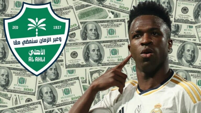 Vinícius Júnior celebrando un gol con el Real Madrid en un fotomontaje con el escudo del Al Ahli y una lluvia de dólares