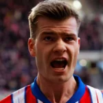 Primer plano de Alexander Sørloth celebrando un gol con el Atlético de Madrid ante una grada llena