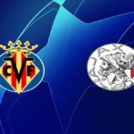 Logotipos del Villarreal CF y el Ajax de Ámsterdam sobre fondo azul con el diseño de la Champions League
