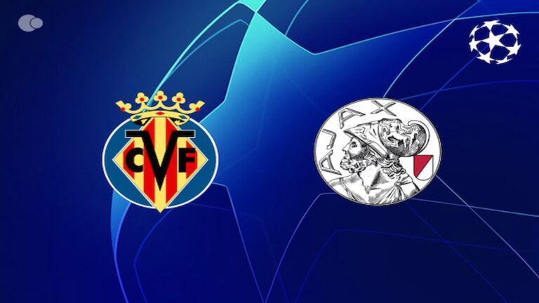 Logotipos del Villarreal CF y el Ajax de Ámsterdam sobre fondo azul con el diseño de la Champions League