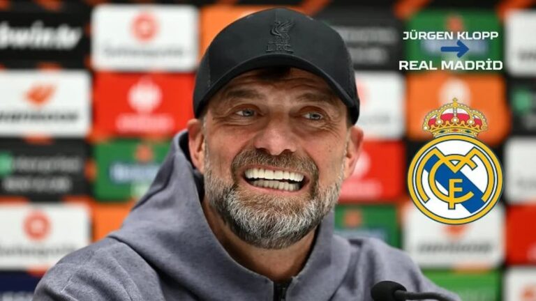 Jürgen Klopp sonriendo con el escudo del Real Madrid de fondo en una composición informativa.