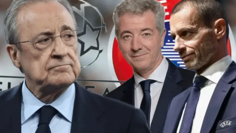 Montaje fotográfico que muestra a Florentino Pérez, Miguel Ángel Gil Marín y Aleksander Čeferin, simbolizando el acuerdo de paz en el fútbol europeo.