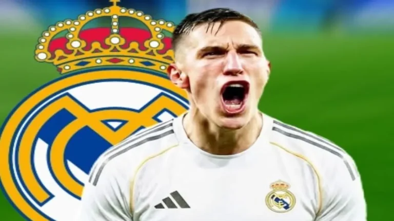 Nico Schlotterbeck celebrando un gol con el escudo del Real Madrid de fondo, representando el interés del club blanco.