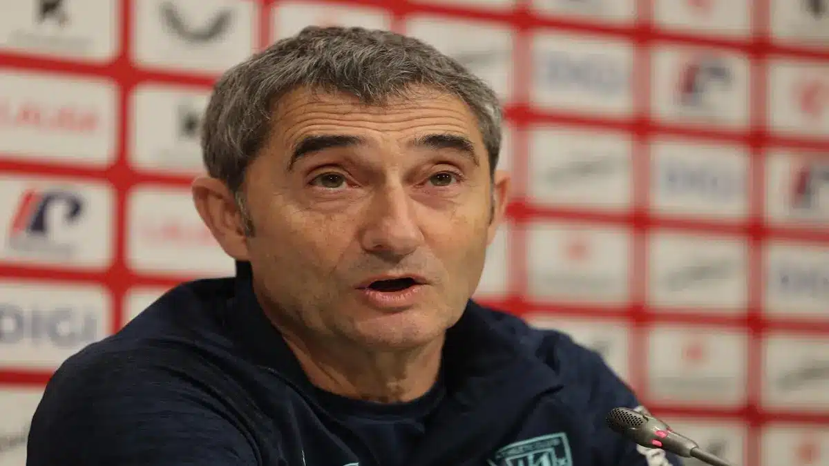 Ernesto Valverde, entrenador del Athletic Club, durante la rueda de prensa previa al partido ante el Elche CF en San Mamés.