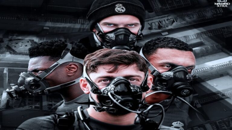 Fotomontaje de los jugadores del Real Madrid, incluyendo a Fran García y Fede Valverde, utilizando las máscaras de hipoxia de Antonio Pintus en Valdebebas