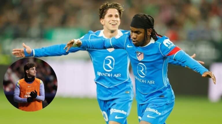 Ademola Lookman celebrando un gol mientras Julián Álvarez observa desde el segundo plano en el Atlético de Madrid.