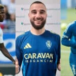 Composición de Rober González, Paul Akouokou y Mawuli Mensah, futbolistas con pasado bético ahora en el Real Zaragoza.