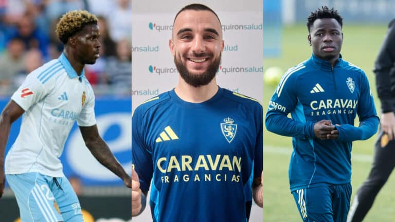 Composición de Rober González, Paul Akouokou y Mawuli Mensah, futbolistas con pasado bético ahora en el Real Zaragoza.