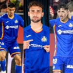 Collage de los nuevos fichajes del Getafe CF: Satriano, Luis Vázquez, Boselli, Romero y Birmančević.