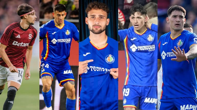 Collage de los nuevos fichajes del Getafe CF: Satriano, Luis Vázquez, Boselli, Romero y Birmančević.