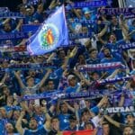 Aficionados del Getafe CF celebrando con banderas azulonas en las gradas durante un partido.