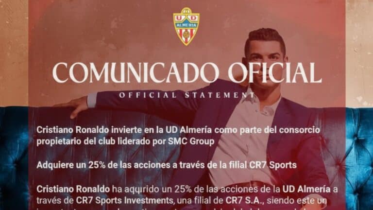 Comunicado oficial de la UD Almería anunciando la adquisición del 25% del club por parte de Cristiano Ronaldo a través de CR7 Sports Investments