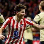 Julián Álvarez celebrando su gol al Barça en la ida de las semifinales de la Copa del Rey