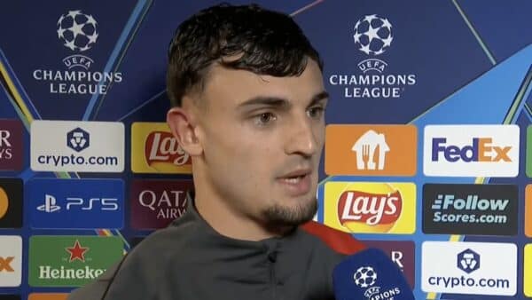 Marc Pubill atendiendo a los medios tras el partido del Atlético de Madrid en la UEFA Champions League
