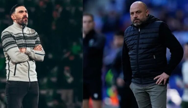 Manolo González y Eder Sarabia, entrenadores del Espanyol y el Elche respectivamente, en sus respectivos banquillos durante partidos de LaLiga Hypermotion
