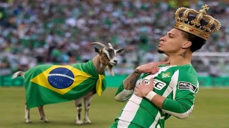 Montaje humorístico de Antony, delantero del Sevilla, con corona de rey y una cabra con la bandera de Brasil en referencia al término GOAT tras su actuación en el derbi sevillano ante el Betis