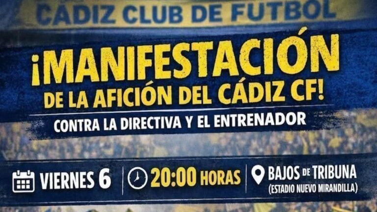 Cartel de la manifestación convocada por la afición del Cádiz CF contra la directiva y el entrenador el viernes 6 de marzo a las 20:00 en el Estadio Nuevo Mirandilla